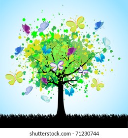 Abstract colorful tree and butterfly. Vector background.
