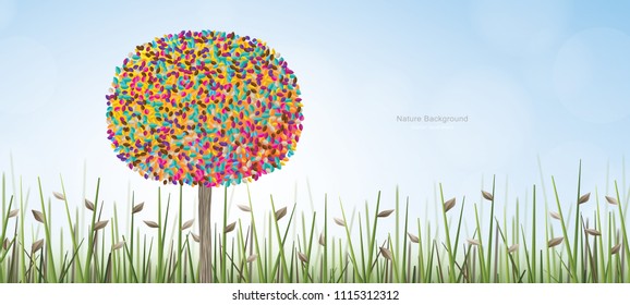 Abstract colorful of tree in green field area with blue sky and soft light background. Vector illustration.