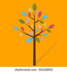 Abstract colorful tree with shadow on yellow background.