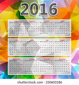 Abstract Colorful Triangular Polygonal 2016 year calendar