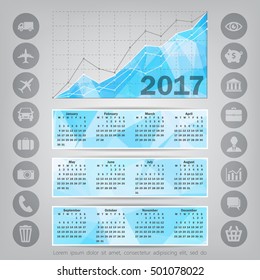 Abstract Colorful Triangular Polygonal 2017 year calendar with business icons