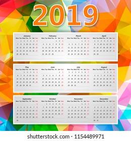 Abstract Colorful Triangular Polygonal 2019 year calendar