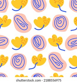 Abstract colorful tropical seamless pattern with cut out organic shapes and flowers. Bright vector background. Jungle contemporary abstract art print