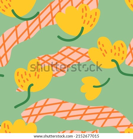 Abstract colorful tropical seamless pattern with cut out organic shapes and flowers. Bright vector background. Jungle contemporary abstract art print