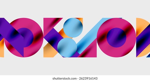 Abstract colorful typography. Overlapping shapes create dynamic visual effect. Modern design, bright hues, geometric forms present.