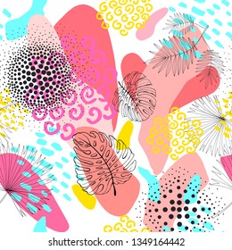 Abstract Colorful universal vector seamless pattern. Hand drawn shapes and elements and contours of palm leaves. Modern trendy tropical background with stains, strokes and creative artistic forms.