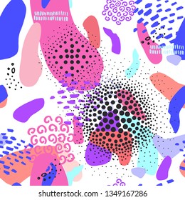 Abstract colorful universal vector seamless pattern. Hand drawn shapes and elements, strokes and scribbles. Modern trendy joyful background with stains, dots and creative artistic forms.