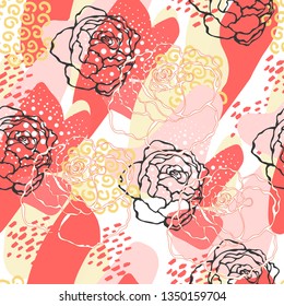 Abstract Colorful universal vector seamless pattern. Different handwritten shapes and elements, black and colored silhouettes of rose flowers. Modern background with  artistic creative artistic forms.