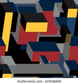 Abstract colorful urban geometric seamless pattern. Squares, stripes, lines. Rectangle, scuffed, drops, sprays, pocket brush pen. Modern grunge, neon texture background. Wallpaper, wrapping