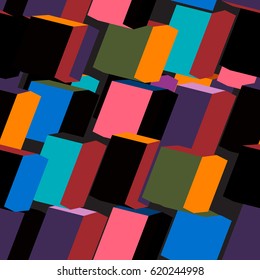 Abstract colorful urban geometric seamless pattern. Squares, stripes, lines. Rectangle, scuffed, drops, sprays, pocket brush pen. Modern grunge, neon texture background. Wallpaper, wrapping