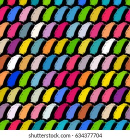 Abstract colorful urban geometric seamless pattern. Stripes, lines, scuffed, drops, sprays, pocket brush pen. Modern grunge textile, neon texture background. Wallpaper, wrapping