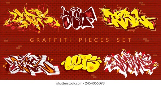 Abstract Colorful Urban Graffiti Pieces Or Street Art Lettering Vector Illustration Set