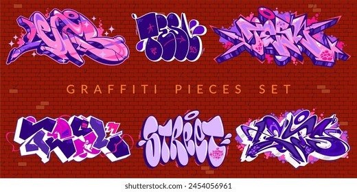 Abstract Colorful Urban Graffiti Pieces Or Street Art Lettering Vector Illustration Set