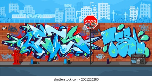 Abstract Colorful Urban Streetart Graffiti Wall With Drawings Against The Background Of The Cityscape Vector Illustration