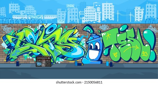 Abstract Colorful Urban Streetart Graffiti Wall With Drawings Against The Background Of The Cityscape Vector Illustration