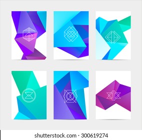 abstract colorful user interface template set collection labels in geometric triangular pattern with trendy white thin line logos