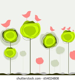Abstract colorful vector background with birds and tree