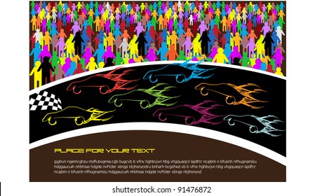 abstract colorful vector background with car race and crowd of people