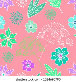 Abstract colorful vector background. Floral seamless pattern. Trendy hand drawn flowers in doodle style. Line drawing.