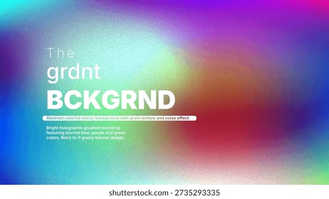 Abstract colorful vector background with grain texture and noise effect. Bright holographic gradient backdrop featuring blurred blue, purple and green colors. Retro lo-fi grainy banner design.
