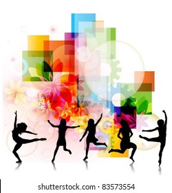 abstract colorful vector background with happy women jumping