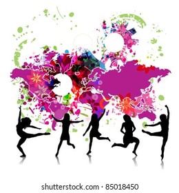 abstract colorful vector background with happy women jumping