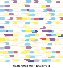 Abstract colorful vector background. Randomly colored rounded rectangular pieces overlapping to form horizontal chains. Geometrical texture. Decorations, packaging, textile fabric design.