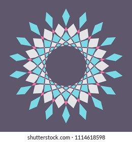 Abstract colorful vector circle frame. Halftone dot. Round logo. Technology circle emblem. Design element. Star, snowflake, round pattern. Dotted frame. Geometric fashion pattern. Vector illustration.
