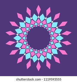 Abstract colorful vector circle frame. Halftone dot. Round logo. Technology circle emblem. Design element. Star, snowflake, round pattern. Dotted frame. Geometric fashion pattern. Vector illustration.