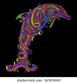 Abstract colorful vector Dolphin patterns on a black background