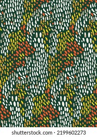 Abstract Colorful Vector Dots Trendy Fashion Colors Seamless Pattern Detailed Spots Hand Drawn Perfect for Allover Fabric Print or Wrapping Paper Dark Green Orange Mustard Yellow Tones