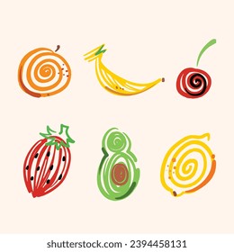 Abstract colorful vector fruits doodle brush strokes vector set collection icon isolated on square light yellow plain background. Drawing for social media post, poster, brochure, prints and others