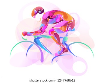 Abstract colorful vector illustration of a cyclist in motion on a racing bicycle, composed of fluid organic shapes and vibrant gradients on a white background.