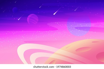 Abstract colorful vector illustration with far planet and open space. Outer space purple backdrop. Universe. Magenta blur. Space scene.