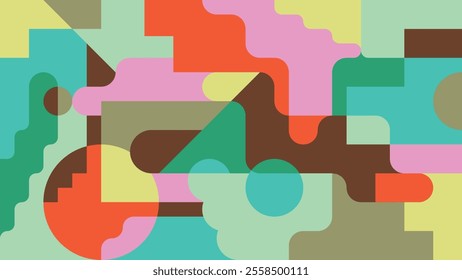 Abstract and colorful vector illustration with intertwining and overlapping geometric and dreamlike shapes