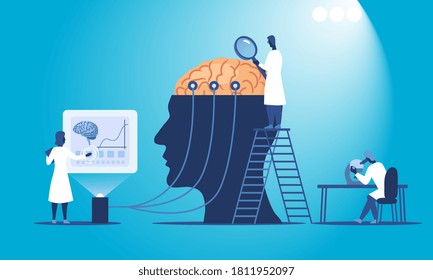 Resumen de ilustraciones vectoriales coloridas de científicos que investigan el cerebro humano en su laboratorio. Ilustración vectorial plana