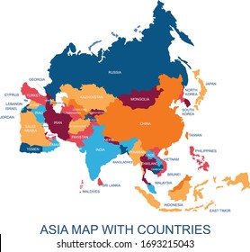 Abstract colorful vector map of Asia with countries and capital name,border.Detailed vector modern illustration can be use for presentation,chart,report,t-shirt,poster or geographical templates