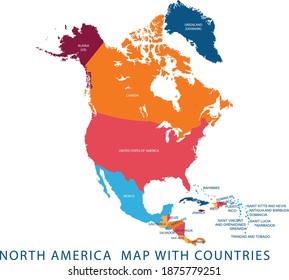 Abstract colorful vector map of  North America with states and capital name,border.Detailed vector modern illustration can be use for presentation,chart,report,t-shirt,poster or geographical templates