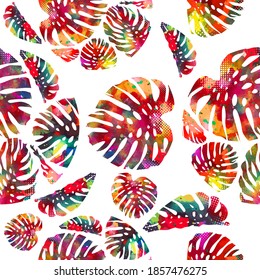 abstract colorful vector palm tree leaves. Seamless background with colorful monstera leaves. Mixed media. Vector illustration