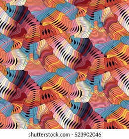 Abstract colorful vector seamless moire pattern with waving circle lines. Rainbow ornament in 70s style.