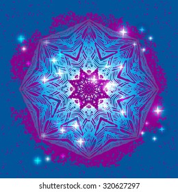 Abstract colorful vector snowflake with blue background. Christmas or New Year greeting card.