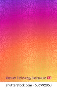 Abstract colorful vector technology circle pixel digital gradient background with  violet, red, orange, yellow colors. Business bright pattern backdrop with round pixels in A4 paper size. 
