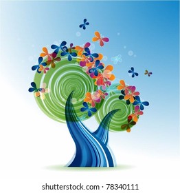 abstract colorful vector tree with butterflies