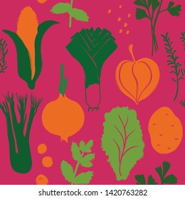 Abstract colorful veggies seamless pattern on a pink background. Vegetables and herbs collection.