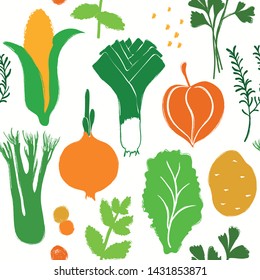 Abstract colorful veggies seamless pattern on a white background. Vegetables and herbs collection.