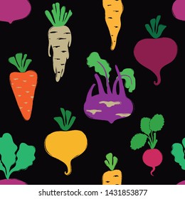 Abstract colorful veggies seamless pattern on a black background. Vegetables collection.