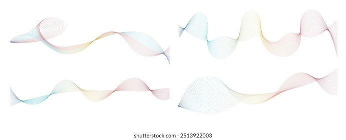 Abstract colorful vibration wave set. Collection of sound audio wavy line, dotted halftone and waveform. Element on white background for business, science, music and technology.