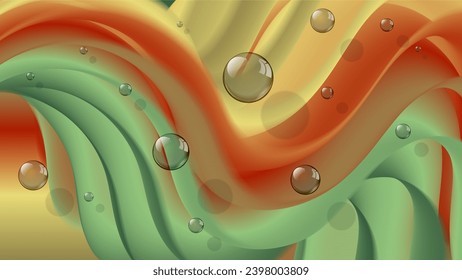 Abstract colorful wallpaper with 3D effect. Transparent bubbles of different sizes against a background of twisted wavy shapes. Vector.