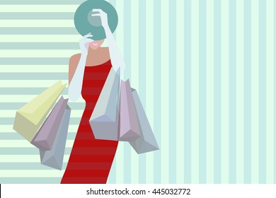 Abstract colorful watercolor pattern woman with shopping bags, blue hat, white gloves and a red dress on a green striped background, summer  big sale, color vector prints
