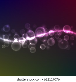 Abstract colorful wave background with bokeh and lights. Design for ads, website, banners and posters. Realistic vector illustration on dark background.